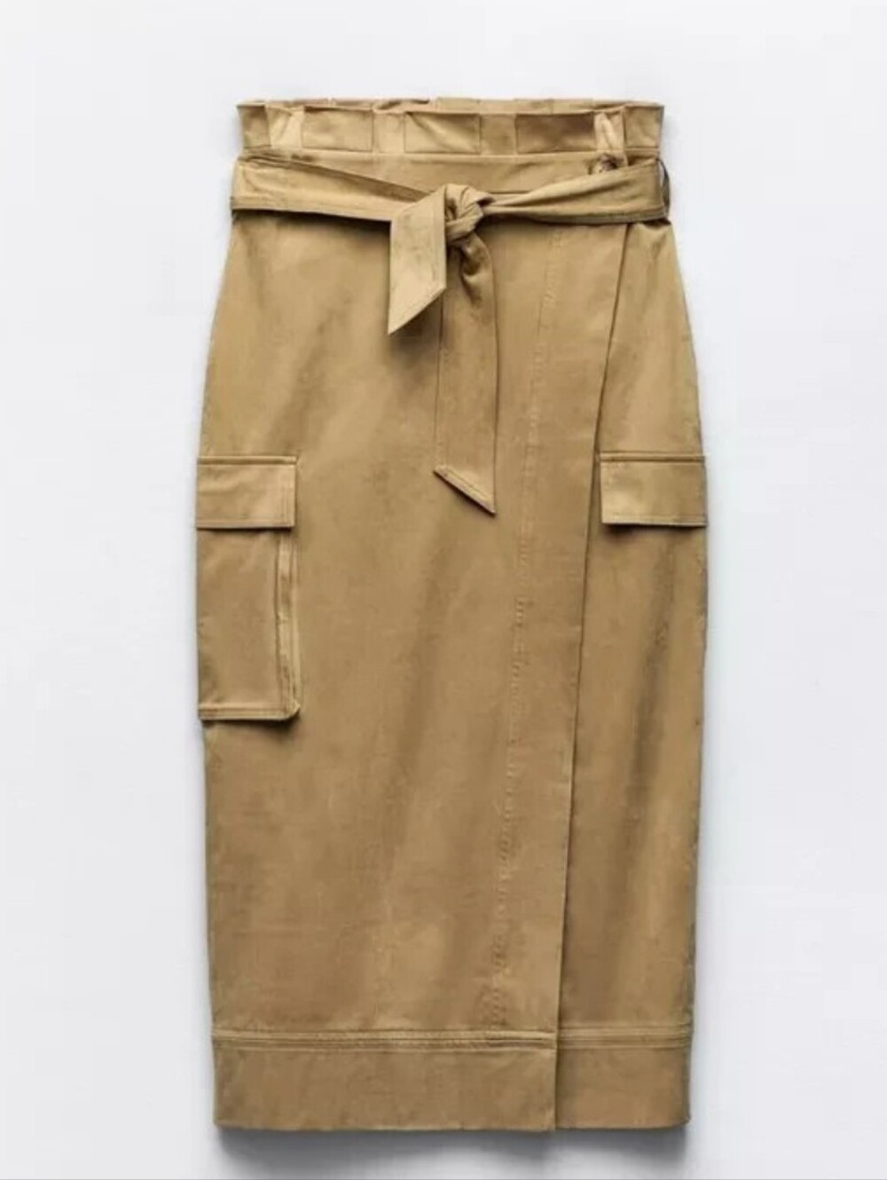 382-Zara Khaki Paperbag-Waist Midi Wrap Skirt with Tie Belt.Faux Suede